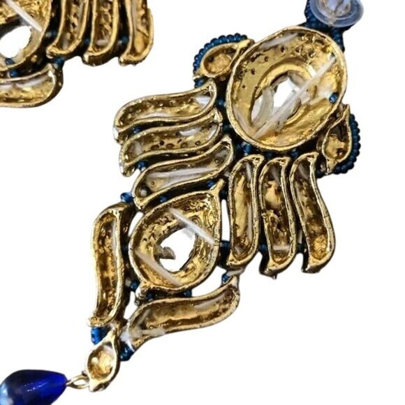 Gold & Blue Crystal Bib Necklace With Matching Chandelier Earrings Bridal - Picture 10 of 16